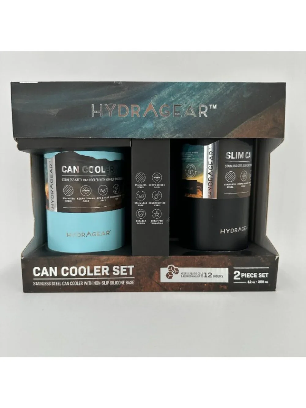 HydraGear Can Cooler Set 12 oz Stainless Steel Non-Slip Silicone Base SLIM & Reg